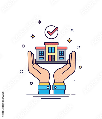 Volunteer powered enterprise illustrated by hands lifting a small building with a checkmark above it, expressing trust and collaborative effort. Subtle sparkle