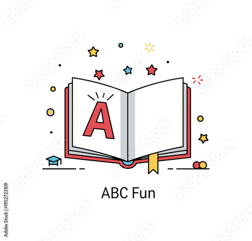 Childrens storybook learning alphabet scene featuring an open book with a large letter and tiny star accents above it, expressing early education and playful