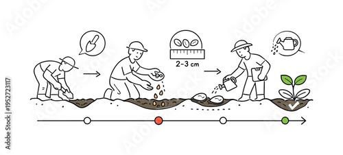 Sowing Process. Close-up scene of seeds falling into prepared soil, focus on precision and care. Simple icons like arrows or timeline marks explaining the