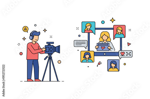 Influencer campaigns targeting niche markets showing a social media content creator filming a product review with specialized followers reacting online,
