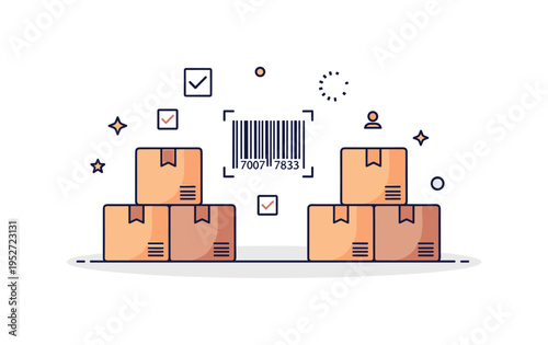 Warehouse distribution management represented by stacked boxes and a central barcode icon with small scanning lines and checkmarks. The composition expresses