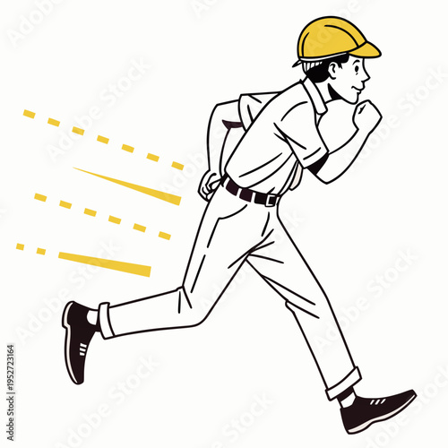 Canvastavla Animated depiction of construction worker in yellow hard hat running with yellow
