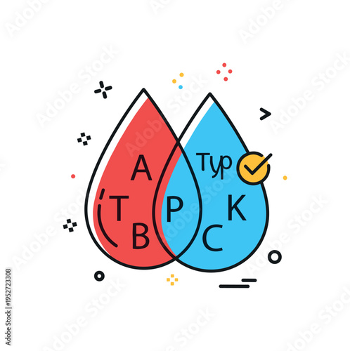 Blood type compatibility symbol illustrated by two overlapping drops marked with simple letter icons and a small check mark accent. The composition reflects