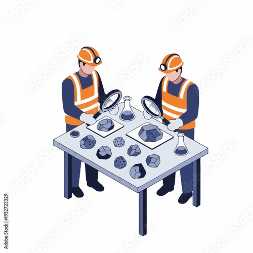 Miners examining various mineral samples on a table with magnifying glasses.