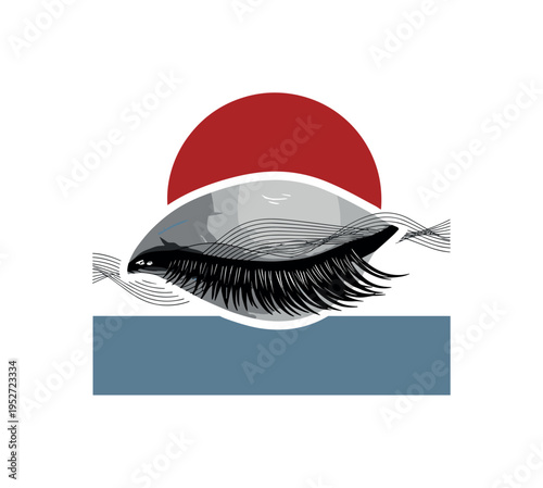 Black and white closed eye with long lashes centered in composition, bold red semicircle above like a rising moon and flat blue horizontal block