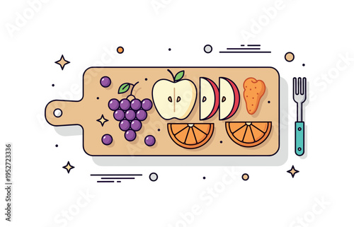 Fruit platter brunch table accent represented by a simple serving board with grapes, apple slices, and orange segments grouped harmoniously. The composition