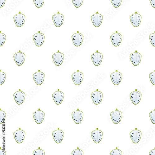 Custard apple fruit halves forming a repeating pattern on white background