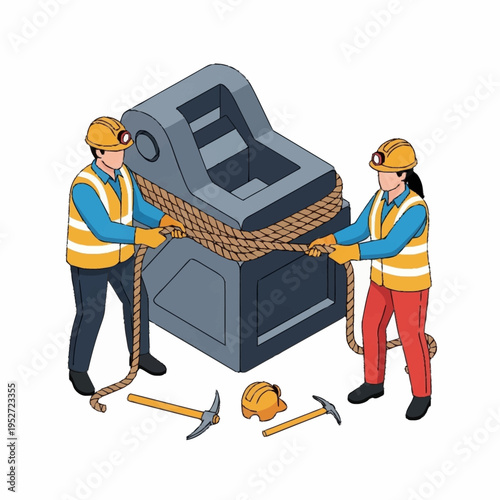 Miners securing a large rock with ropes, demonstrating teamwork and safety.