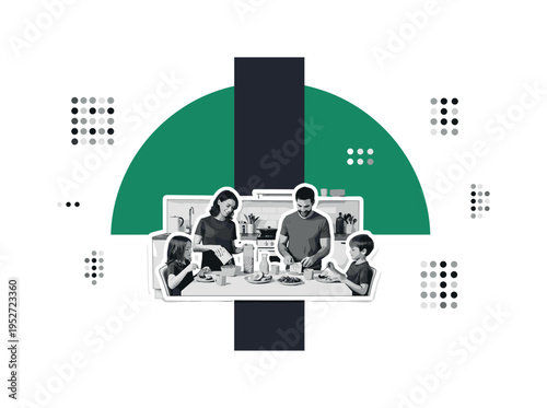 Black and white morning kitchen scene with family preparing breakfast, oversized emerald semicircle framing upper background, deep charcoal vertical stripe