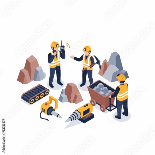 Miners working with mining equipment and rocks in an isometric illustration.