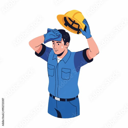 Tired construction worker wiping sweat from forehead after hard work.