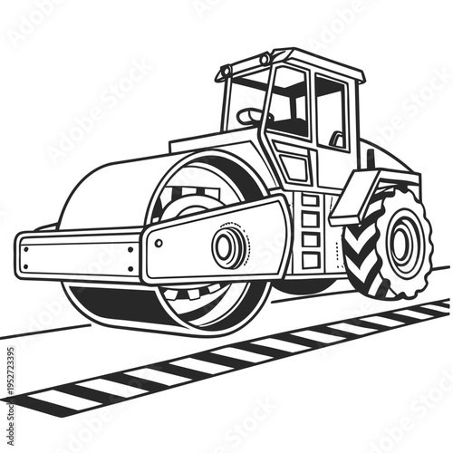 Road roller heavy construction machinery vehicle compacting asphalt on road vector illustration black and white outline