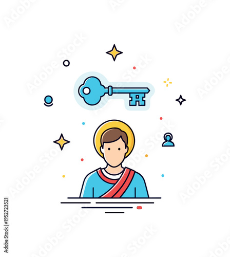 Saint Peter and the keys of heaven concept centered on a key emblem glowing subtly above a simplified figure silhouette, expressing guardianship and spiritual