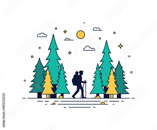 Forest exploration section featuring tall stylized pine trees framing a hiker silhouette holding trekking poles, symbolizing immersion in nature and steady