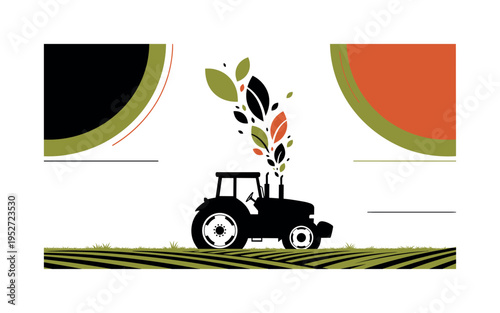A monochrome tractor silhouette with exhaust transforming into abstract leaf-shaped geometric forms, bold circular shapes framing the upper composition,
