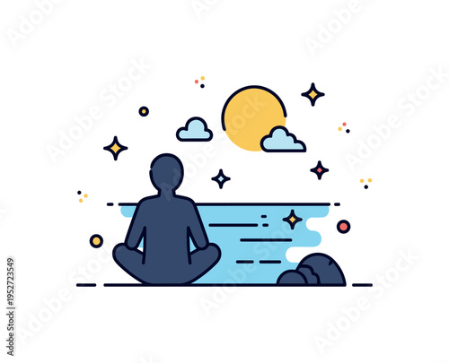 Lakeside mindfulness retreat concept illustrated by a seated figure silhouette facing calm water with small sparkle accents suggesting clarity. A peaceful