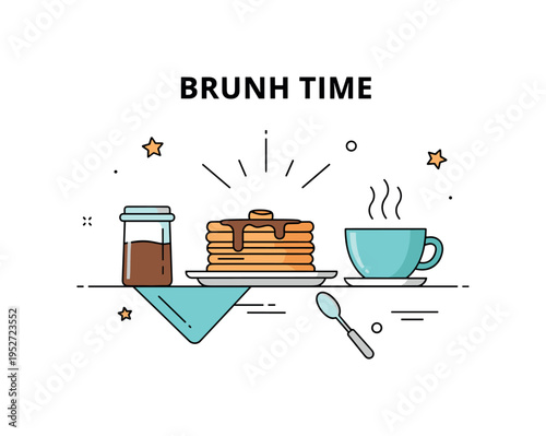 Brunch time illustrated through a cozy table setting with a plate of pancakes and a steaming coffee cup, accented by small sun rays suggesting a late morning