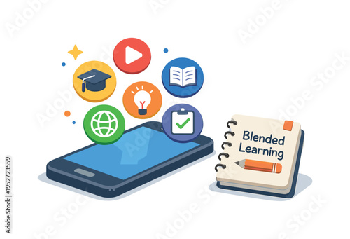 Educational apps in classroom smartphone with colorful learning icons floating above it, a small notebook placed nearby emphasizing blended study methods. The