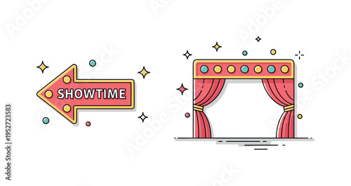 Showtime marquee glowing arrow sign lined with round bulbs pointing toward a stylized stage curtain, expressing invitation and lively entertainment mood.