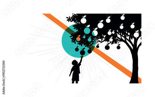 Black and white childlike silhouette reaching into a tree canopy full of simplified fruit shapes, vivid teal circular halo behind upper branches, orange