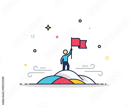 Victory moment on battlefield illustrated by a lone figure holding a raised flag atop a minimal mound with gentle wind lines, symbolizing perseverance and