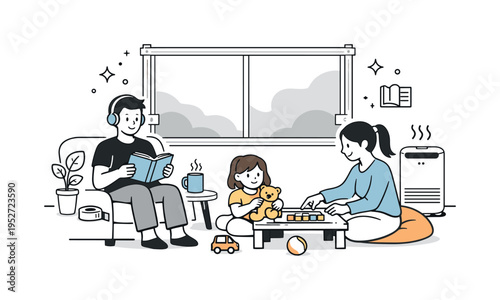 Wildfire smoke indoors daily life. A family spending time together inside with windows sealed, showing adaptation to smoky conditions outside. Neutral calm