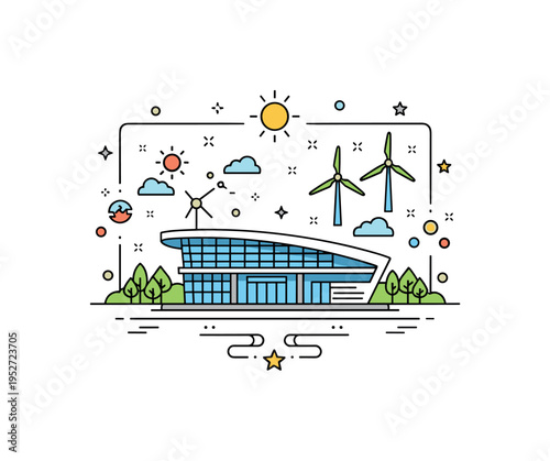 Clean energy infrastructure illustration built around a modern station silhouette framed by subtle sun and wind icons, symbolizing integrated low carbon