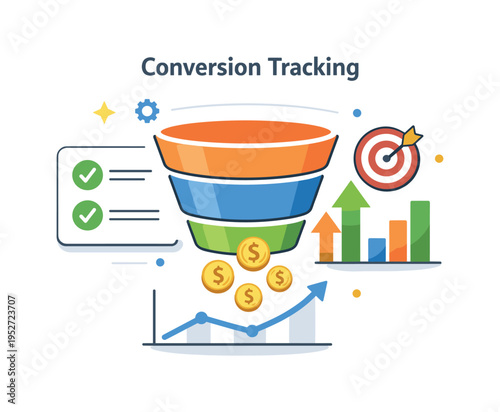 Digital marketer analytics screen focused on conversion tracking, with a funnel diagram, checkmarks and rising indicators forming a clear metaphor of