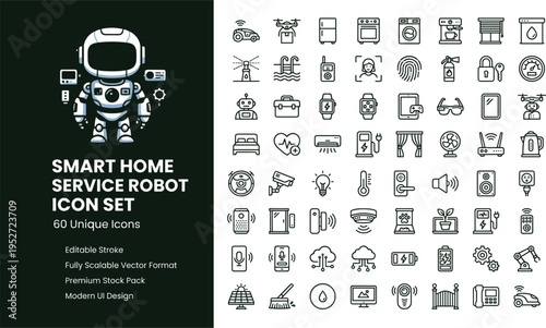 Smart Home Service Robot Line Icon Set Featuring Household Automation Devices Artificial Intelligence And Modern Domestic Technology