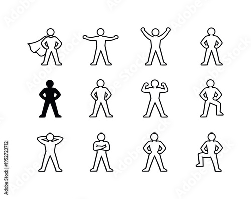 Power pose concept. Line icon set of Power pose concept: superhero stance, expanded posture, victory stance, fearless pose, bold silhouette, dominance stance,
