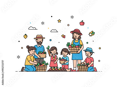 Children harvesting vegetables from the garden with parents nearby, placing produce in baskets and smiling, reflecting shared accomplishment and daily life
