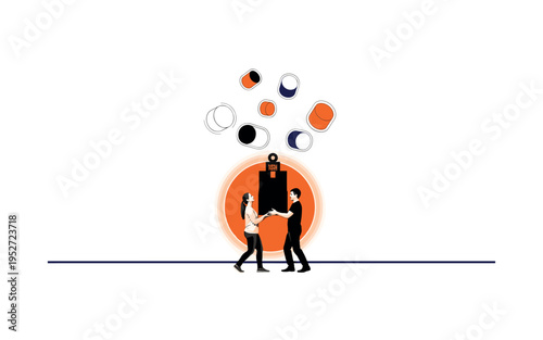 Black and white person helping another carry a heavy box, bright orange circular halo behind the shared weight, thin navy horizontal line grounding