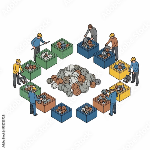 Workers sorting and recycling materials in an industrial setting.