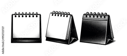 Calendar desk calendar A realistic desk flip calendar with a stable base shown in three views: front view, angled view, and rear view, emphasizing stand