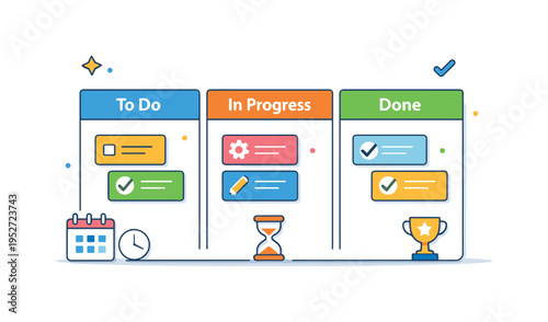 Task management kanban board organized into clear columns with colorful cards representing to do in progress and done stages of work. The scene conveys clarity