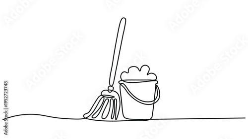 Simple line drawing of a broom and bucket together on a flat surface