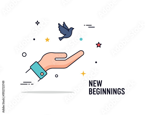 Symbolic gesture open hand releasing a small dove silhouette upward, communicating freedom, hope, and positive change through a simple uplifting composition.
