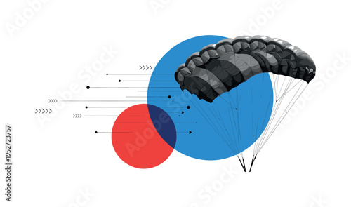 Monochrome parachute canopy enlarged and partially cropped for dramatic composition, combined with overlapping blue and red circles and thin diagonal lines