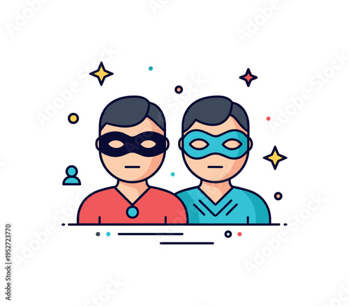 Superhero duo concept featuring two simplified masked figures standing side by side, symbolizing teamwork, justice, and dynamic fictional universes. Minimal