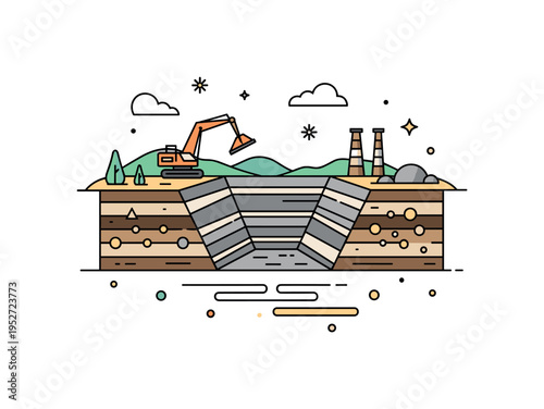 Mining pit landscape centered on a stepped open quarry shape with subtle earth layer accents, conveying resource extraction, industry, and geological depth. A