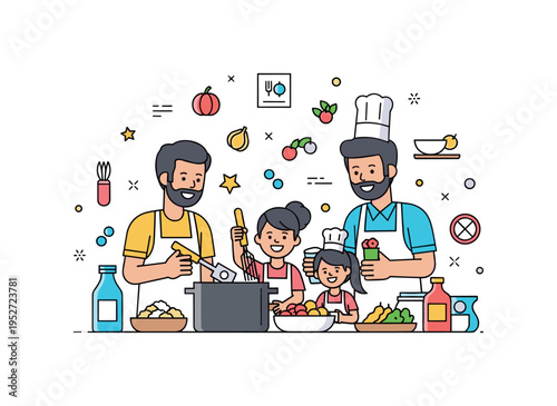 Celebrating cultural meal rituals with friends and family cooking together, sharing ingredients and laughter, emphasizing tradition and