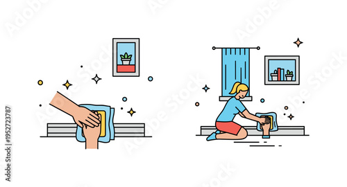 DIY home care task centered on wiping baseboards as part of a weekend cleaning ritual. Minimal room geometry and subtle shine effects convey satisfaction and