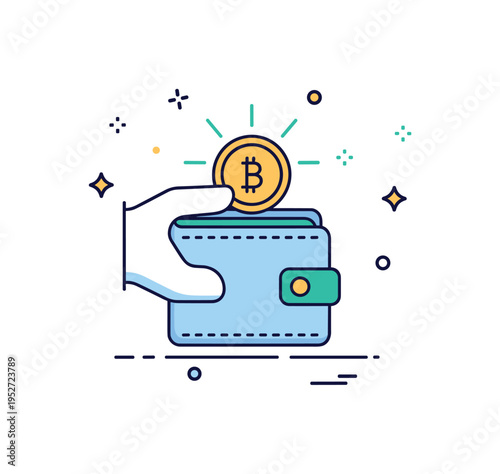 Digital currency crypto wallet idea represented by a simple wallet icon holding a glowing digital coin, symbolizing secure storage and private key protection.