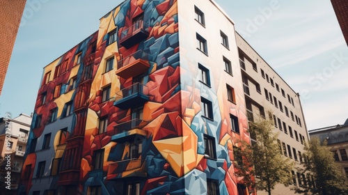 A photo of a colorful street art mural on a city building