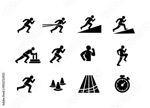 Athletic Speed Training. Solid icon set of Athletic Speed Training: athlete sprinting, resistance band run, uphill sprint, downhill sprint, sled push, sprint