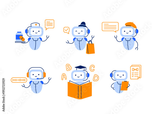 AI assistant is helping in healthcare, shopping, education, customer support, content creation, and fitness. Vector flat illustration set isolated on a white background.