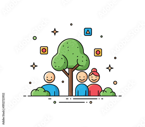 Childhood game nostalgia concept featuring overlapping simple figures around a tree and small bush accents, symbolizing shared memories and joyful outdoor