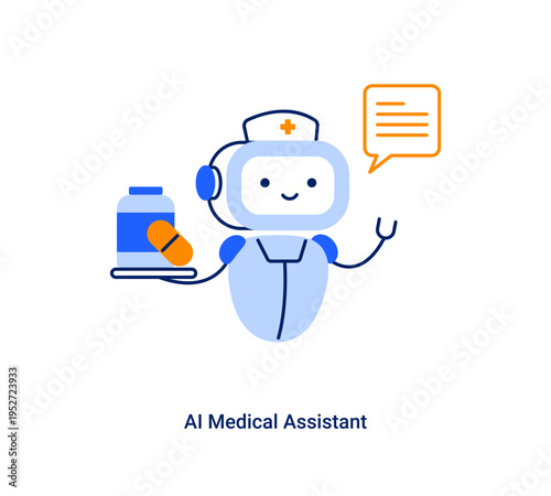 AI healthcare assistant. Chatbot recommending medicine and supporting patient treatment. Digital health concept. Vector flat illustration isolated on a white background.
