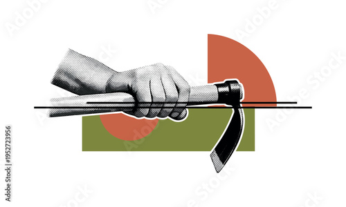 A monochrome close-up of a hand gripping a hoe handle, intersected by bold geometric arcs and flat color blocks symbolizing labor and growth, thin horizontal