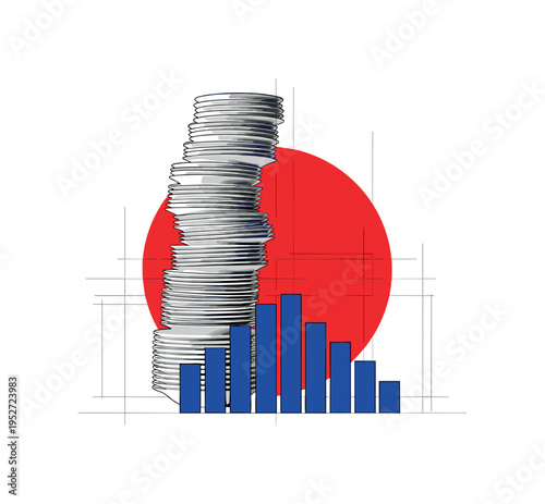Black and white stack of plates balanced vertically, vibrant red circle behind as a bold focal point, cobalt blue rectangular shapes aligned precisely beneath,